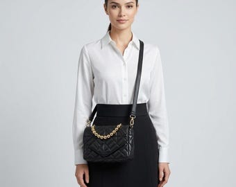 Iridescent Statement Black Quilted Crossbody Bag, Gold Hardware And Adjustable Strap