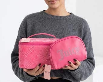 Juicy Couture Pink Velvet Cosmetic Bag Set, Rhinestone Logo, Heart Print (New With Tags)