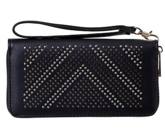 Wristlet Wallet, Black Studded Card Holder with Zipper Closure