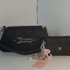 Juicy Couture Black Y2K Shoulder Logo Embossed Handbag and Wallet Set