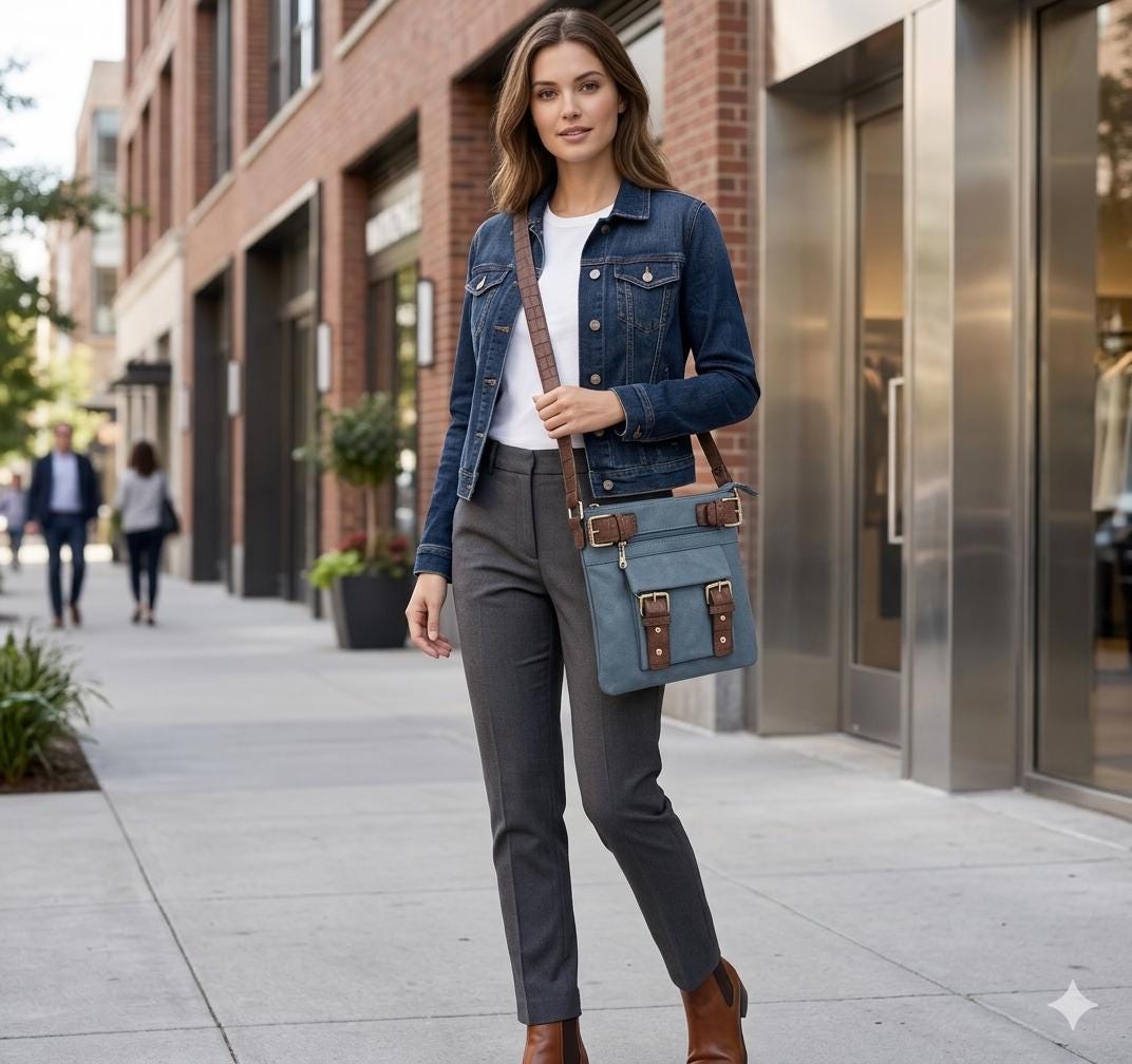 NEW Denim Canvas Crossbody Bag - Retro Shoulder Purse with Zipper, Silver Hardware