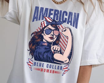 American Blue Collar Woman Unisex Heavy Cotton Tee-4th of july t shirt for women, womens graphic tees, mothers day, patriotic, usa