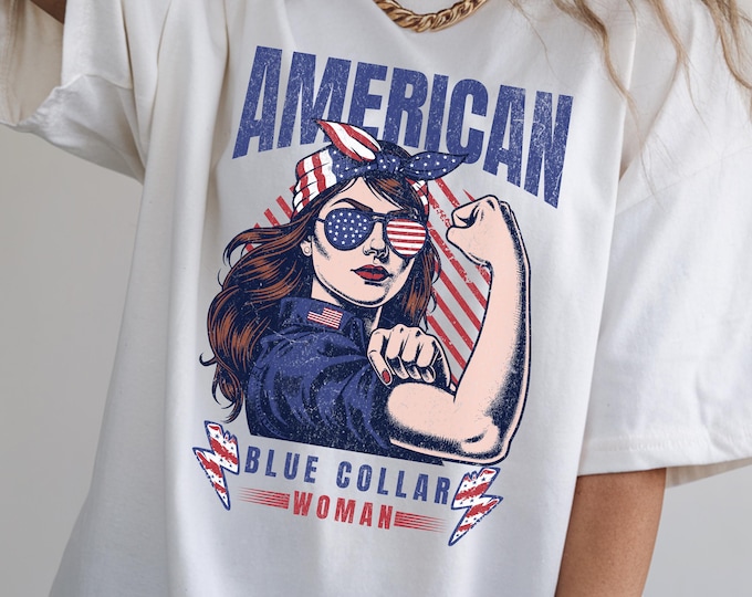 American Blue Collar Woman Unisex Heavy Cotton Tee-4th of july t shirt for women, womens graphic tees, mothers day, patriotic, usa