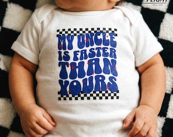 My Uncle Is Faster Than Yours Infant Fine Jersey Bodysuit-Baby racing onesie, racing bodysuits for babies, baby shower gifts