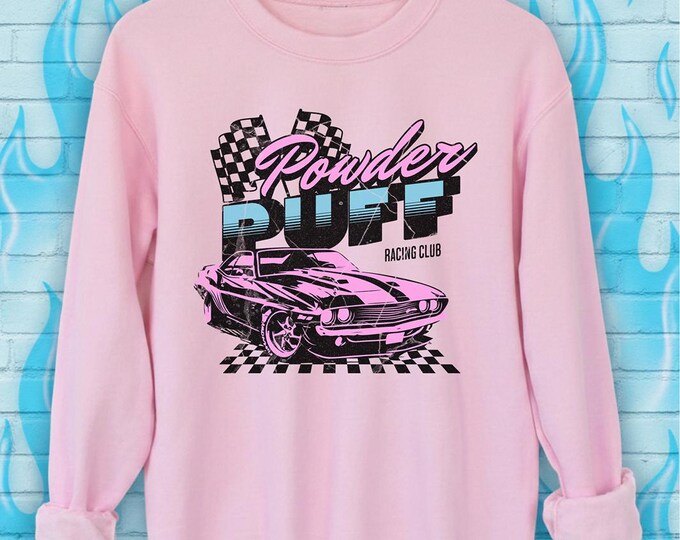 Powder Puff Racing Club Sweatshirt, Retro Racing Graphic Crewneck Sweatshirt