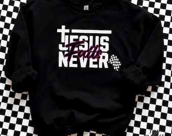 Jesus Never Fails Unisex Heavy Blend™ Crewneck Sweatshirt-Racing sweatshirt, womens racing sweatshirt, checkered flag,
