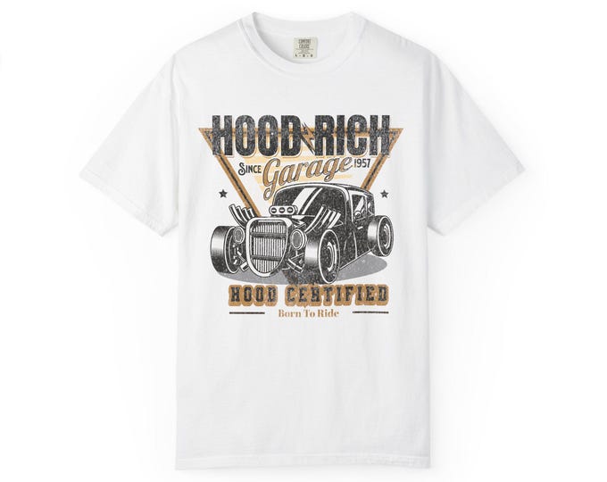 Hood Rich Garage Unisex Garment-Dyed T-shirt-Womens graphic t shirt, womens graphic racing t shirt, graphic tees, racing t shirt