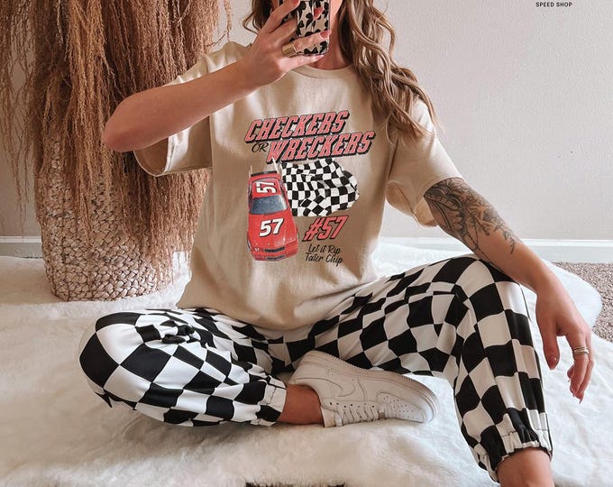 Checkers or Wreckers Unisex Heavy Cotton Tee-Womens Graphic T Shirts, Womens Racing Tees, Race Car Tees