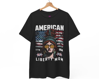 American Liberty Mom Unisex Heavy Cotton Tee-USA, 4th of July, Independence day, Fourth of July, Blue collar women, patriotic