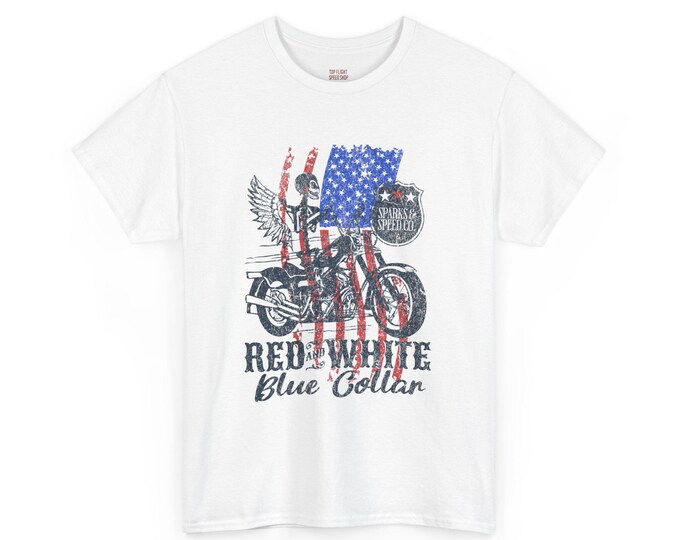 Red White Blue Collar Unisex Heavy Cotton Tee-Mens Graphic T Shirts, Blue Collar, Racing T Shirts, Mens T Shirts
