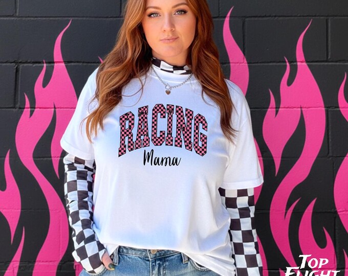Racing Mama Pink Checkered Unisex Heavy Cotton Tee, womens graphic racing t shirt, womens racing tee