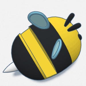 Può includere: Un'ape in stile cartone animato con un corpo a strisce gialle e nere, accenti blu e un pungiglione bianco. L'ape ha due grandi occhi ovali blu e due antenne. L'immagine è ambientata su uno sfondo bianco.