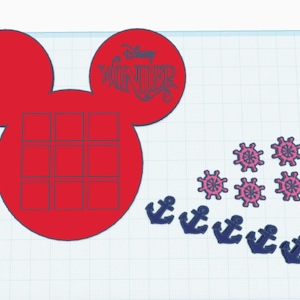 May include: A red Mickey Mouse head shape with a grid of squares, the text "Disney Wonder", pink ship wheels, and blue anchors on a white background.