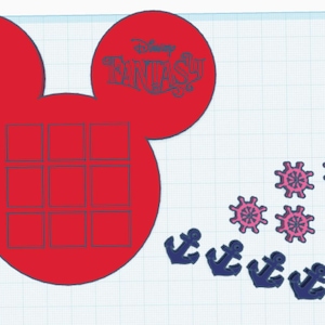 May include: A red Mickey Mouse-shaped design with nine squares, the words "Disney Fantasy", six pink ship wheels, and five navy blue anchors. The design is on a white grid background.