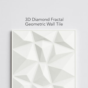May include: A white, geometric wall tile with a 3D diamond fractal design. The tile is framed in a white border and features a textured surface. The text "3D Diamond Fractal Geometric Wall Tile" is displayed above the tile.