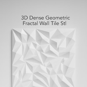 Könnte beinhalten: Weiße 3D-geometrische Fraktal-Wandfliese mit dichtem, strukturiertem Design. Die Fliese weist ein komplexes Muster aus erhabenen dreieckigen Formen auf. Der Text "3D Dense Geometric Fractal Wall Tile Stl" wird oben angezeigt.