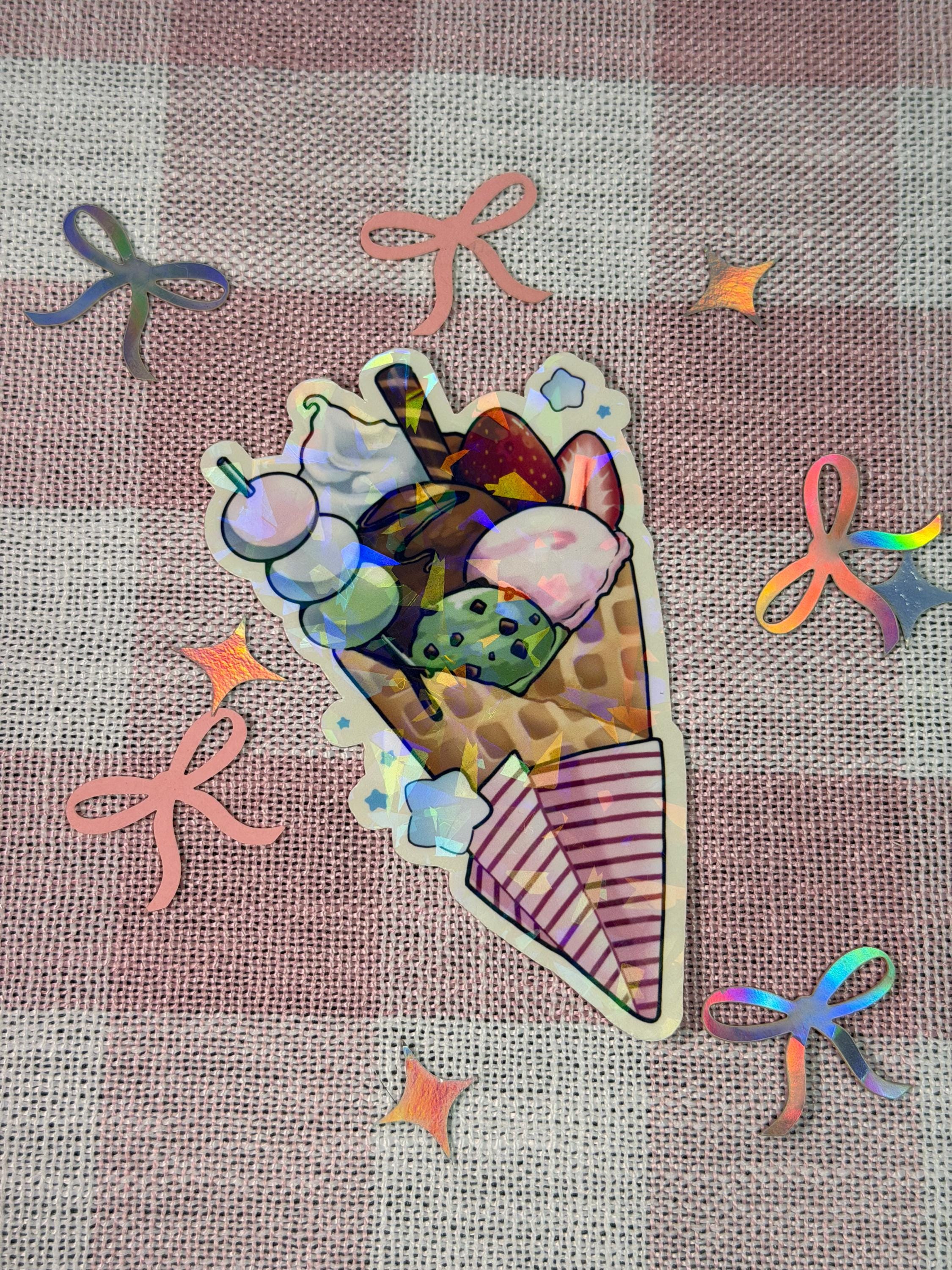 Discover Kawaii Ice Cream Waffle Cone Holographic Vinyl Sticker