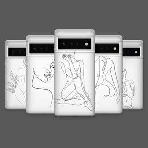 May include: White phone cases with black line art illustrations of the female form. The cases feature a minimalist design with various poses and figures. The cases are displayed against a gray background.