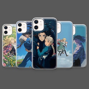 May include: Five clear smartphone cases featuring various anime-style illustrations of two characters. The designs depict scenes with a field of flowers, a couple embracing, a close-up of the pair, the duo flying in the sky, and a side profile.