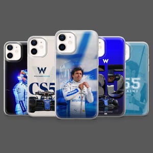 Puede incluir: Una colección de cinco fundas para teléfonos con temas de carreras. Las fundas muestran imágenes de coches de carreras, pilotos y logotipos de equipos. La combinación de colores incluye azul, blanco y negro, con texto como "WILLIAMS RACING" y "CS5".