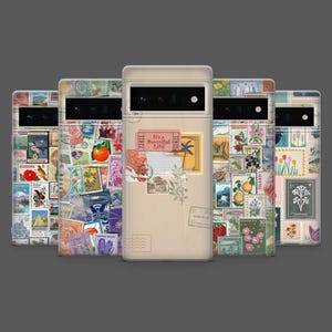 May include: Five phone cases with a vintage postage stamp design. The cases feature a variety of stamps with botanical, fruit, and travel themes. One case has the text "It's a Beautiful Life". The cases are in a row against a grey background.