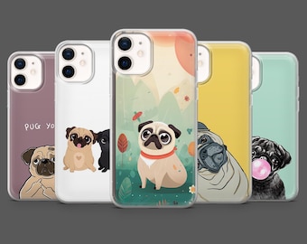 Pug Art Phone Case Cute Dog Animal Cover for iPhone 17Pro, 16, 15, 14, 13, 12, Samsung S25, S24 S23Fe S22, A16, A26, A56, Pixel 10, 9