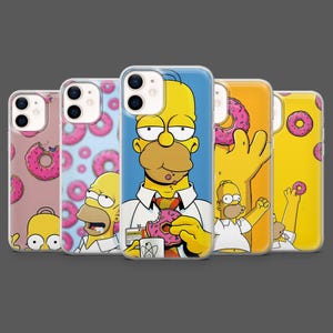 May include: Five phone cases showcasing Homer Simpson, the cartoon character. The cases feature Homer with donuts, in various poses and backgrounds. The cases are clear with colourful designs.