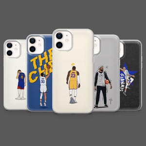 May include: A collection of five phone cases featuring basketball player illustrations. The cases showcase various players in action, with designs including team colors and player numbers. The cases are designed for a smartphone.