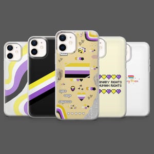 May include: Five phone cases with different designs. One case features a non-binary flag, another has a yellow and purple wave pattern, and a third displays pixelated hearts and the text "BINARY RIGHTS HUMAN RIGHTS". The cases are in a row.