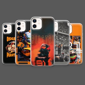 Puede incluir: Una colección de cinco fundas para teléfono con temas de carreras de Fórmula 1. Las fundas muestran imágenes de coches de carreras, pilotos y el nombre "PIASTRI" en negrita. La paleta de colores incluye naranja, negro y blanco.