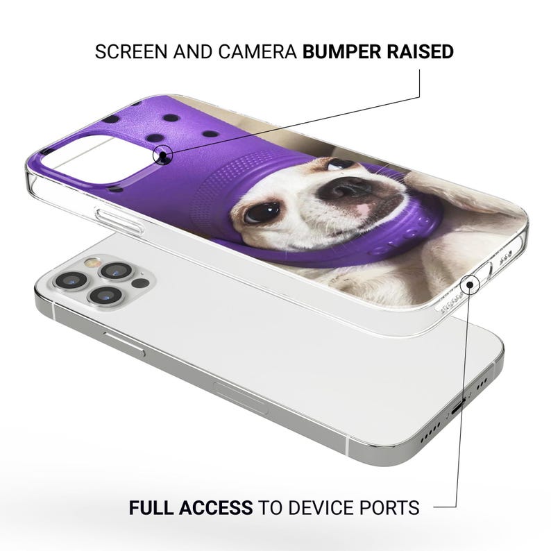 May include: Clear phone case featuring a dog wearing a purple Crocs shoe on its head. The case has raised screen and camera bumpers and full access to device ports. The phone case is designed to protect the phone.