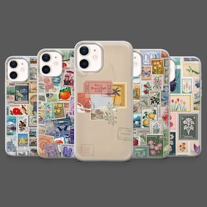 May include: Five phone cases with clear covers, each adorned with a collage of colourful vintage postage stamps. One case displays the text "It's a Beautiful Life". The cases offer protection and a unique aesthetic.