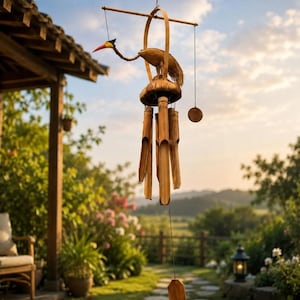 May include: A handcrafted wind chime featuring a bird design with a red beak and yellow accents. The chime is made of bamboo and wood, with a circular top and hanging bamboo tubes. The overall design is natural and rustic, suitable for outdoor decor.