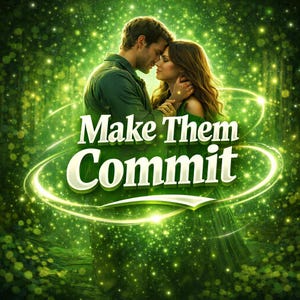 Può includere: Immagine romantica di una coppia che si abbraccia, ambientata su uno sfondo verde lussureggiante con effetti scintillanti. Il testo "Make Them Commit" è visualizzato in un carattere stilizzato, circondato da un design luminoso.