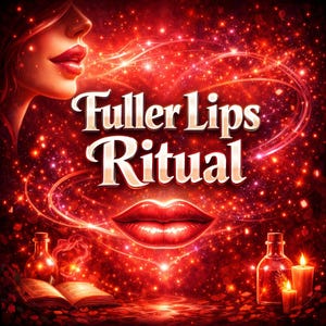 Może przedstawiać: Cyfrowa ilustracja w odcieniach czerwieni i złota z tekstem "Fuller Lips Ritual". Obraz zawiera usta kobiety, parę ust, butelki, świece i otwartą książkę, wszystko na tle gwieździstego tła.