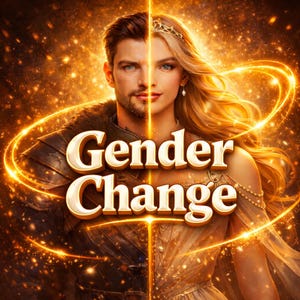 Peut inclure: Image artistique avec un visage divisé, moitié homme et moitié femme, avec le texte "Gender Change" en or. Le fond est un design doré étincelant avec des lignes et des effets de lumière.