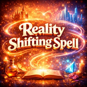 Może przedstawiać: Artystyczna ilustracja cyfrowa z napisem "Reality Shifting Spell" w złotych literach. Obraz przedstawia zamek, krajobraz miejski, otwartą książkę, świece, butelkę z miksturą i kryształy, na tle gwieździstego, pomarańczowego i fioletowego tła.