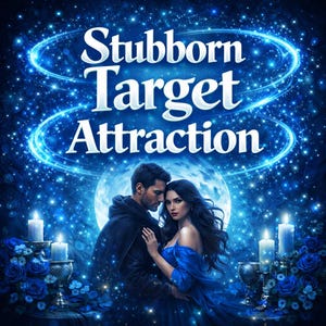 Può includere: Opera d'arte digitale raffigurante una coppia che si abbraccia sotto un cielo stellato. Le parole "Stubborn Target Attraction" sono visualizzate in bianco con un effetto di luce blu. La scena include candele, rose e una luna piena.