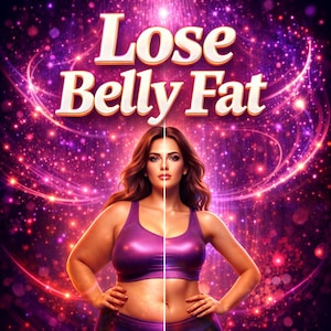 May include: An image with the text "Lose Belly Fat" above a split image of a woman. The left side shows a woman with a larger physique, while the right side shows a woman with a slimmer physique, both wearing purple athletic wear.