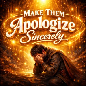Puede incluir: Ilustración digital con el texto "MAKE THEM APOLOGIZE SINCERELY" en letras doradas. Un hombre con una capa marrón está arrodillado, cubriéndose la cara. El fondo es una escena dorada y brillante con rayos de luz.
