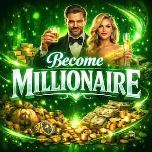 Puede incluir: Ilustración digital con un tema verde y dorado. Un hombre y una mujer sostienen bebidas. El texto "Become Millionaire" se muestra de forma destacada. Barras de oro, fajos de billetes, monedas y un reloj de lujo están dispersos.