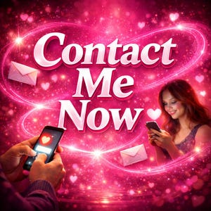 Może przedstawiać: Cyfrowa ilustracja w kolorze różowym i białym z napisem "Contact Me Now". Obraz zawiera serca, koperty i osoby korzystające ze smartfonów na błyszczącym tle.