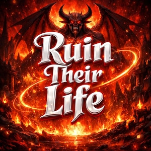 May include: Digital artwork depicting a horned, winged demon in a fiery hellscape. The words "Ruin Their Life" are in a bold, stylized font, encircled by a glowing aura. The artwork evokes a sense of darkness and inferno.