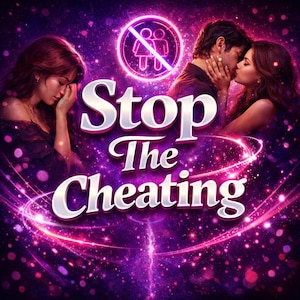 May include: A digital graphic with the words "Stop The Cheating" in a stylized font. The image features a couple kissing, a woman looking sad, and a symbol of two people crossed out, all set against a purple and pink cosmic background.