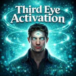 May include: A digital illustration shows a man with glowing blue eyes and a third eye on his forehead. The words "Third Eye Activation" are in white text above him, set against a teal and blue cosmic background with swirling light effects.