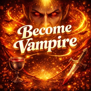 Puede incluir: Ilustración digital con temática de vampiros. La imagen presenta un vampiro con ojos rojos, el texto "Become Vampire", una copa de líquido rojo y una daga decorativa. El fondo es naranja fuego con efectos brillantes.