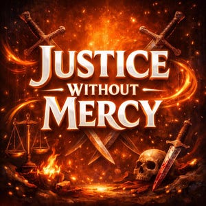 May include: An image with the text "JUSTICE WITHOUT MERCY" in a bold, white font with a gold outline. The background is a fiery orange and red, with swords, a skull, and scales of justice.