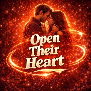 Könnte beinhalten: Romantisches Bild mit einem sich umarmenden Paar vor einem funkelnden roten Hintergrund. Die Worte "Open Their Heart" sind in einer stilisierten Schriftart dargestellt, umgeben von leuchtenden Linien.
