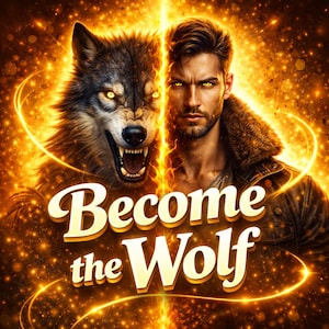 May include: A digital art image featuring a man and a wolf, split down the middle with a golden light effect. The man has yellow eyes and a serious expression. The wolf is snarling. The text "Become the Wolf" is in gold letters.
