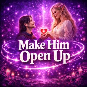 Può includere: Illustrazione digitale di un uomo e una donna con un cuore rosso brillante. L'immagine ha uno schema di colori viola e rosa con il testo "Make Him Open Up" in bianco.